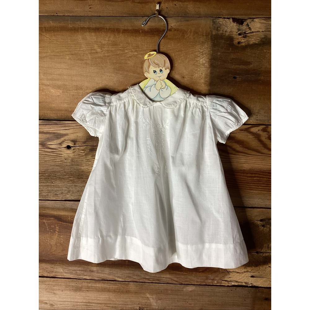 Vtg Baby Girl Embroidered Poplin Dress Hand Made 6 month Peter Pan Collar